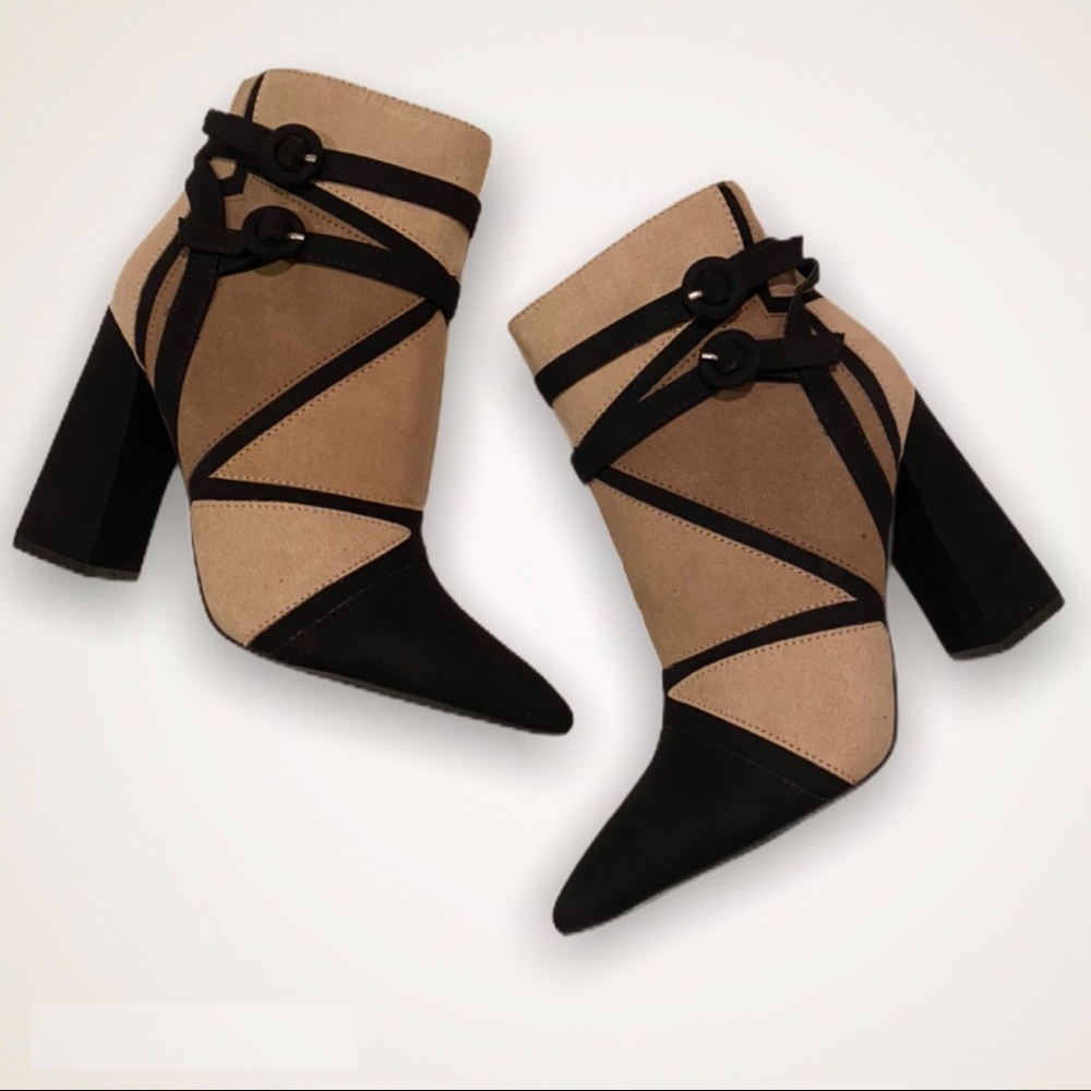 Patchwork taupe multi color nude heeled booties